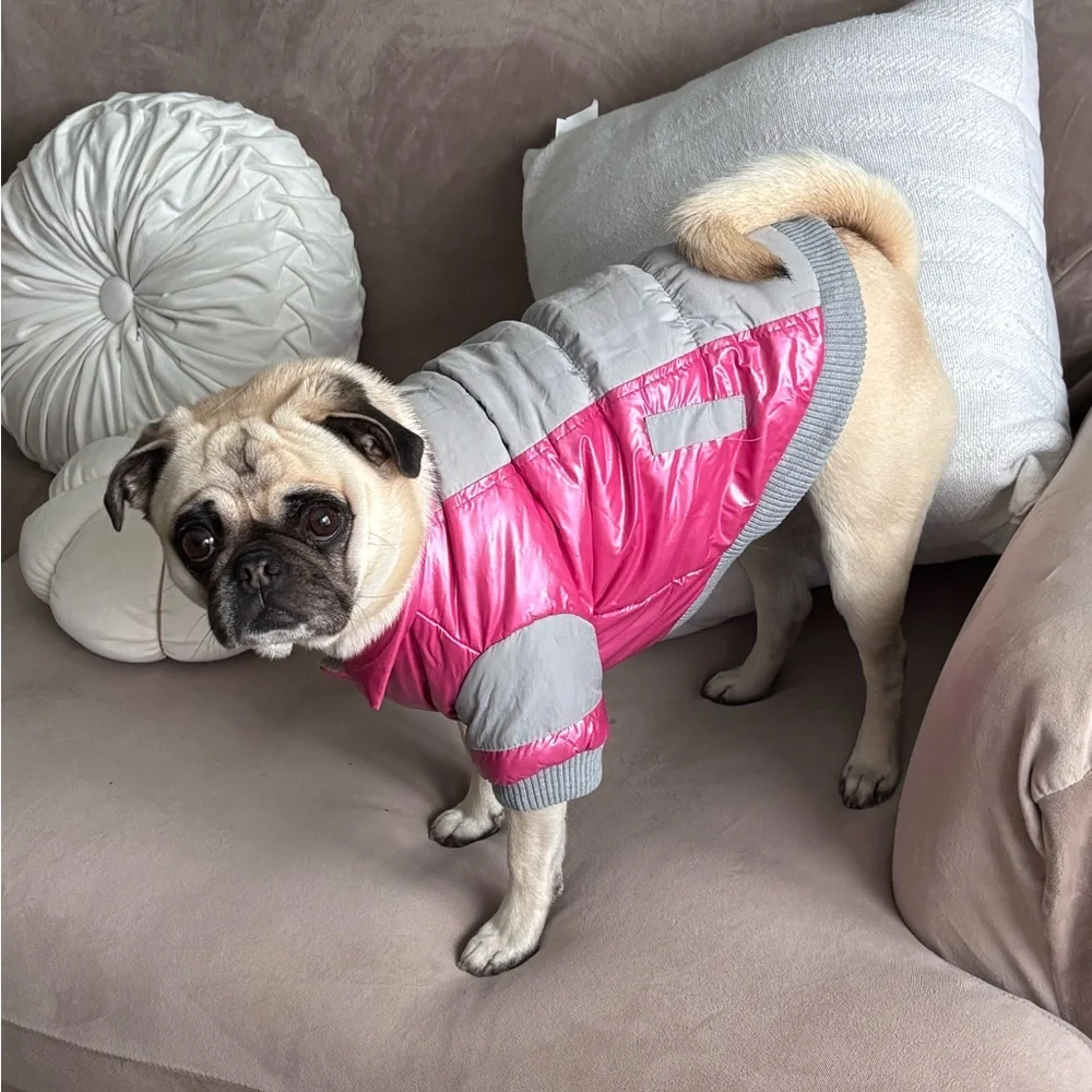 Pet Life Small Dog Puffer Jacket Pink Grey Gray Fleece Lined Snaps Hooded Small